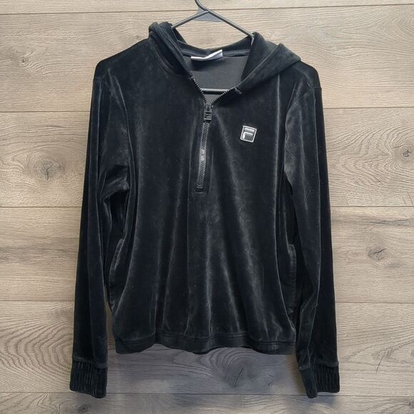 Fila Pullover Quarter Zip Black Velour Velvet Hooded Sweater Women's Size Small - Picture 1 of 7
